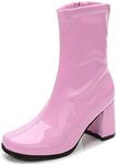 LIURUIJIA Women's Gogo Boots Mid Calf Block Heel Zipper Square Toe Short Booties For Disco Party Cosplay Dance Pink 39(245/US8.5)