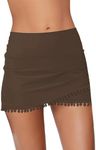 GRAPENT 2024 Women's Tassels Mid Waist Tulip Hem Shirring Swim Skirt Swimsuit Bikini Bottoms Ruched Front Tankini Bottoms Full Coverage Modest Swimwear Chocolate Brown Small Size 4 Size 6