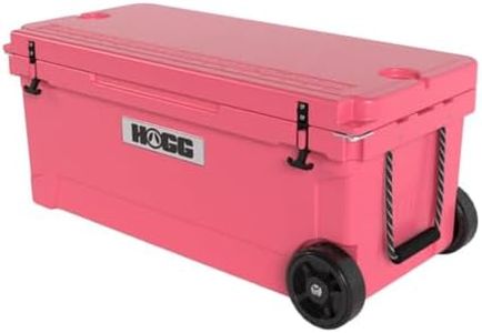 Ice Cooler with Wheels and Handle - 110qt Pamplona Pink, Wheeled Cooler, Insulated Ice Chest with Wheels and Handle for Fishing and Camping with Dry Storage, Bottle Openers, and Cupholders