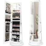 COSTWAY 360° Swivel Jewellery Cabinet with 3-Color LED Full Length Mirror, Lighted Makeup Mirror and Large Storage, Lockable Jewelry Armoire, Freestanding Jewellery Organiser Unit Gift (White)