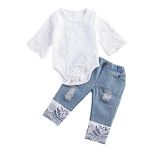 Infant Baby Girl Clothes Toddler Girls Lace Long Sleeve Romper Top Ripped Denim Jeans Outfits Set 3-6 Months