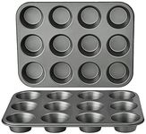 Amazon Basics Nonstick Round Carbon Steel Muffin Pan, 2-Pack, Grey