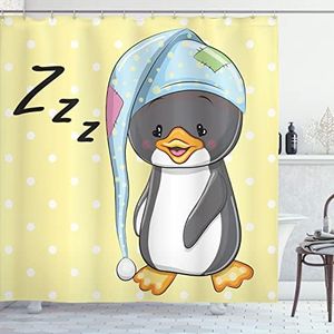 Cartoon Decor Collection, Sleepy Baby Penguin in Hood Ready to Bed Childhood Happy Dream Cartoon Artwork, Polyester Fabric Bathroom Shower Curtain, 75 Inches Long, Yellow Grey White