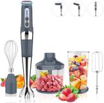 Cordless Immersion Blender, 4-in-1 Rechargeable Electric Hand Blender, 21-Speeds & 3-Angle Adjustable with 700ml Chopper, 700ml Beaker, Egg Whisk and Beater for Smoothies, Soup, Baby Food (Grey)