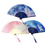 3 PCS Handheld Folding Fans Bamboo Silk Fabric Cloth Folding Fans Chinese Japanese Hand Holding Fans Wooden Handheld Fans With Tassel for Wall Decoration Birthday Gifts Wedding Party Props Women Girls