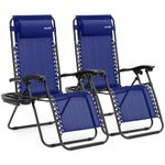 SereneLife Zero Gravity Reclining Chair, Lawn/Patio Chair, Weather Resistant, Adjustable Set of 2 Chairs w/Cup Holder Side Tables, Padded Removable Headrest Pillows, Blue