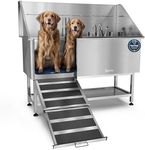 KANIS Professional Stainless Steel Dog Bathing Station - Grooming Tub w/Ramp, Storage Shelf, Floor Grate & Faucet/Dog Bathtub for Large, Medium & Small Pets (61", Left RAMP - Shelf)