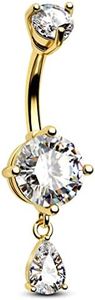 CM Crareesi Mania Dangle Teardrop Belly Button Bars 16G Stainless Steel Belly Button Piercing Jewellery Sterling Silver Gold Belly Bars CZ Navel Piercing Jewellery for Women, Stainless Steel Cubic
