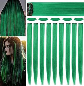 Rhyme 9 Pieces 21 Inch Straight Dyed Hair Extensions Clip In/On Purple Hair Extensions Wig Party Highlight Multicoloured Hairpieces for Women/Girls (Green)
