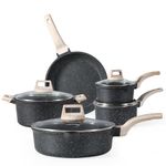 Carote Granite Non-Stick Cookware Set, 9-Piece Induction Compatible Pans and Pots with Lids, PFOA Free Black Stone Effect Kitchen Cookware Set with Wooden Handles, Healthy Frying & Sautéing Set