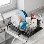 iSPECLE Dish Drying Rack with Drainboard - Compact Dish Racks for Kitchen Counter, Rust-Resistant Dish Drainer with Drain Spout, Utensil Holder and High Feet on Drip Tray, Black