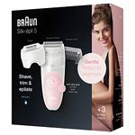 Braun Silk-épil 5 Epilator, Hair Removal, 3 In 1, Includes Shaver & Trimmer Head, Cordless, Gentle Hair Removal Setting, Wet & Dry, 100% Waterproof, UK 2 Pin Plug, 5-620, White/Pink