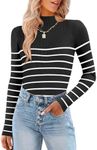 HOTOUCH Black Striped Pullover Sweaters Long Sleeve Turtle Neck Tops Winter Slim Fitted Ribbed Shirts 2025 Women Holiday Black Dressy Casual Tops