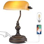 Liylan Farmhouse Desk Lamp Touch Control, Vintage Bankers Lamps with USB Port, 3 Way Dimmable Table Lamp, Oil Rubbed Bronze Bedside Nightstand Light, Amber Glass