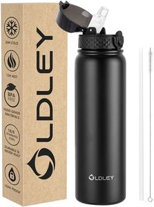 OLDLEY Stainless Steel Water Bottle with Straw 1L Vaccum Insulated Large Drink Flask Metal Water Bottles 1 Litre Leakproof Keep Drinks Hot Cold for Bike Sports Gym Adult Women Men(Black,1 Lid)