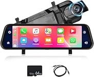 CAMECHO Mirror Dash Cam Wireless CarPlay & Android Auto with 64G TF Card, 9.66" IPS Full Touch Screen Dash Cam, Rear View Mirror Smart Screen for Cars & Trucks Night Vision, Parking Assistance WDR