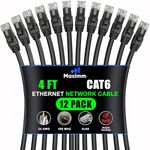 Maximm CAT6 Ethernet Cable - 4 Ft - 12 Pack - LAN - UTP - CAT 6 - RJ45 - Network, Patch, Internet Cable – 4 feet –Black