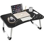 Laptop Bed Table Lap Standing Desk, Sofa Breakfast Bed Tray Folding Laptop Lap Desk Cup Holder Notebook Stand Steel Legs For Reading Writing Working, Marble Black, 60x40x28cm, M (PPW130)