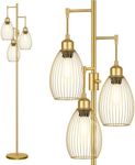 Dimmable Floor Lamp, 3 x 800LM LED Edison Bulbs Included, Farmhouse Industrial Floor Lamp Standing Tree Lamp with Elegant Teardrop Cage Head Tall Lamp for Living Room Bedroom Office Dining Room - Gold