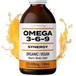 OMEGA 3-6-9 SYNERGY: Organic / Vegan / 225,000MG / 240ml. Organic Omega 3 6 9 With Hemp Oil. Extra Strength + High Potency for Joint Pain / Heart / Brain / Stress / Immune Support. Rich in GLA. Natural Orange Flavour