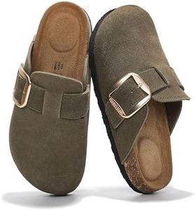 Project Cloud Genuine Leather Clogs for Women Shoes - Memory Foam Insole, Non-Slip & Natural Cork Footbed Arch Support Big Buckle Womens Clogs and Mules for Women Footwear(Manchester_W,Oliv, 8.5)
