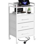 Adoture Bedside Table with Charging Station, Bedroom Side Table with 3 Fabric Drawers, Small Storage Sofa End Table with Open Shelf and 4 Castors, Nightstand for Living Room, Hallway, White