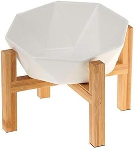 White with Stand Ceramic Tilted Elevated Raised Pet Bowl with Bamboo Stand for Cats and Dogs No Spill Pet Food Water Feeder