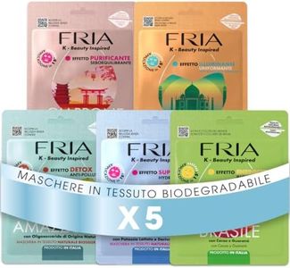 Fria Maschere Tessuto Ispirate Skin Care Coreana - 5 Maschere viso. Set maschere per ogni tipo di pelle, detox, illuminante, energizzante, idratante, purificante. Tessuto Biodegradabile.