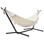 BEJOY Double Hammock with Stand, Extra Large Cotton Cloth and Adjustable Heavy-Duty Steel Frame for Indoor Outdoor Garden Camping Swing for Adult, Camping Patio Bed Swing