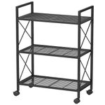 SONGMICS 3-Tier Metal Storage Rack with Wheels, Mesh Shelving Unit with X Side Frames, 23.6-Inch Width, for Entryway, Kitchen, Living Room, Bathroom, Industrial Style, Black UBSC163B01