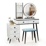 RELAX4LIFE Dressing Table and Stool Set, Vanity Desk Set with 5 Drawers, Storage Shelves, 3-Color LED Lights & Charging Function, Makeup Dresser Desk Bedroom Furniture (White, Round Mirror)