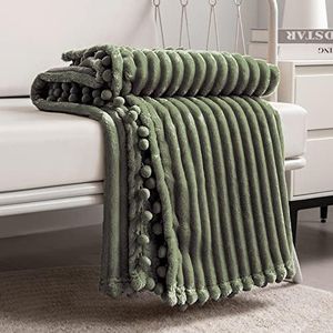 DISSA Fleece Blanket Twin Size – 60x80, Olive Green – Soft, Plush, Fluffy, Fuzzy, Warm, Cozy – Perfect Throw for Couch, Bed, Sofa - with Pompom Fringe - Flannel Blanket Throw Blanket