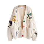 Women's Cable Knit Long Sleeve Open Front Cardigan Sheep V-Neck Button Down Embroidery Wool Blend Sweater Coat Outwear, Beige, Small