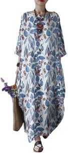 Celmia Kaftan Dresses for Women Floral Print Cotton Maxi Dress with Pockets Blue Small