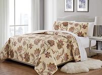 MK Home 2pc Twin/Twin Extra Long Bedspread Quilted Print Floral Beige Red Blue Taupe Over Size New # Jane