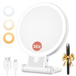 Auxmir 30X Magnifying Mirror, Double Sided 1X /30X Makeup Mirror with Light, Folding Lighted Rechargeable Beauty for Travel, Rotating 3 Color Lights, Dimmable Touch Screen