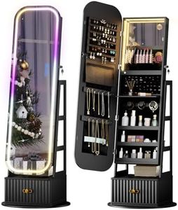 SKKTKT 360° Swivel Jewelry Cabinet with Lights - RGB Vanity Mirror | Rotatable Full Length Mirror with Jewelry Storage, Standing Jewelry Armoire Organizer, Foldable Makeup Shelf, White (Black 052)