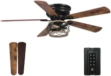 Parrot Uncle Low Profile Ceiling Fans with Lights and Remote, 48 Inch Black Ceiling Fan with Light Flush Mount Farmhouse Rustic Hugger Fan for Bedroom, Reverse Airflow, Timer, FREE Replacement