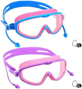 ZCOINS 2 Pack Swimming Goggles, Anti-Fog Anti-UV Swim Goggles with Integrated Earplugs for Kids Boys Girls 3-15, No Leak Clear Wide Vision Water Pool Goggles