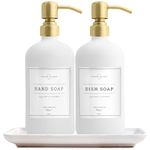 Vine Creations Glass Soap Dispenser, 2 Pack Kitchen Soap Dispenser Set with Ceramic Tray, Stainless Steel Pump with Waterproof Labels (White Bottles + Gold + Tray)