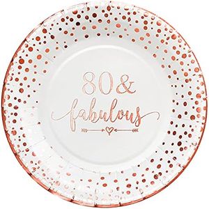 Crisky 80 Fabulous Disposable Plates for Women 80th Birthday Decorations Rose Gold Dessert, Buffet, Cake, Lunch, Dinner Plates Birthday Party Table Supples, 50 Count, 9 inches