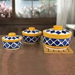 StyleMyWay Handpainted Ceramic Serving Donga with Lid Casserole Set (Set of 3, Blue and Yellow) | Dinner Serving Set | Stackable Kitchen Bowl Set – 900 ml, 500 ml , 300 ml