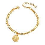 FOCALOOK Gold Plated Initial Anklet 4.5mm Flat Figaro Foot Chain Ankle Bracelets Summer Beach Jewellery Hexagonal Letter A Initial Ankle Chain