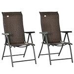 Outsunny Set of 2 Outdoor Wicker Folding Chairs, Patio PE Rattan Dining Armrests Chair Set with 7 Levels Adjustable Backrest, for Outdoors, Camping, Brown