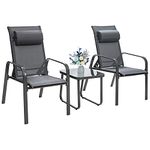 COSTWAY 3-Piece Patio Bistro Set, Garden Furniture Set Tempered Glass Table and 2 Stackable Chairs with Adjustable Backrest & Headrest, Outdoor Balcony Yard Conversation Table Chairs Set (Grey)