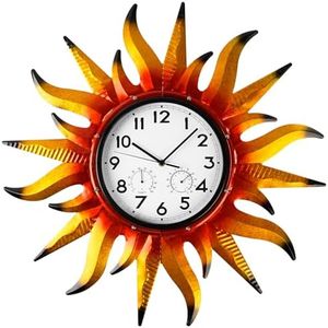 Jusimux 25-Inch Sun-Shaped Outdoor Clock and Thermometer Set, 10-Inch Dial, Battery Powered, Waterproof, Silent Quartz Movement (Yellow)