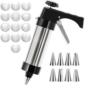 TOMVAES Cookie Press Gun, 13PCS Cookie Mold Discs & 8PCS Piping Nozzles, Stainless Steel Cookie Press, Biscuit Maker, Baking Tool Gun, Household Set Mold, for Beginner DIY Biscuit Maker and Decoration