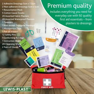 Lewis-Plast 92-Piece First Aid Kit – Travel, Home, Car, Camping, Red, Small