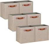 Pomatree 11 Inch Cube Storage Bin - 6 Pack - Linen Fabric Cubby Storage Bins for Bedroom, Living Room, Clothes and Toys, Shelves and Closet Organizer; Foldable, Dual Leather Handles (Coffee)