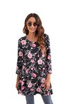 Enmain Womens Floral Tunic Shirts Casual Ladies Swing Dress Top 3/4 Lenth Sleeve Stretch Tunic Top Loose Blouse XL Black/Pink